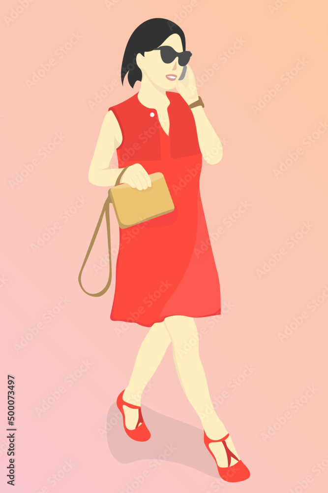 casual girl on phone call with red dress and yellow bag casual girl on phone call with red dress and yellow bag