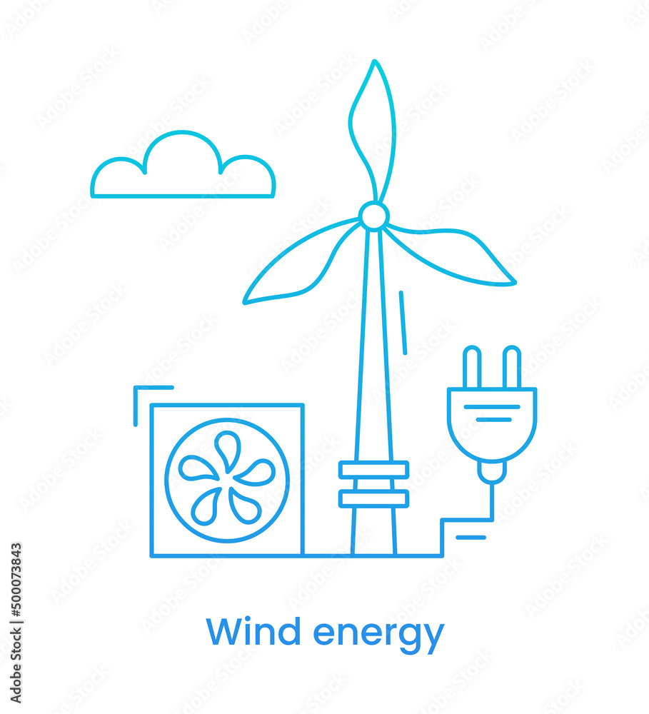 Wind energy icon ESG concept. Renewable energy. Gradient. Vector line illustration with caption, isolated on a white background. Wind energy icon ESG concept. Renewable energy. Gradient. Vector line illustration with caption, isolated on a white background.