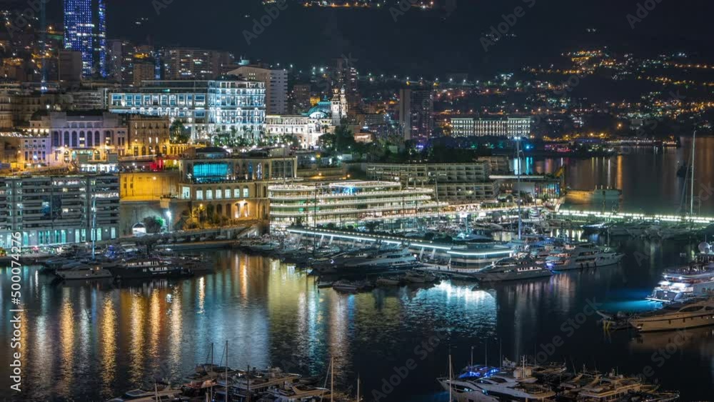 Panorama of Monte Carlo timelapse at night from the observation deck in the village of Monaco with Port Hercules. Panorama of Monte Carlo timelapse at night from the observation deck in the village of Monaco with Port Hercules.