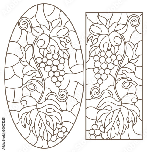 A set of contour illustrations with grape vines, dark contours on a white background
