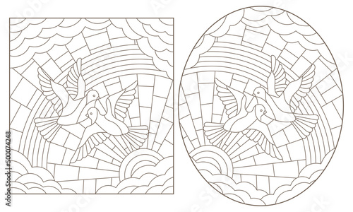 A set of contour illustrations in the style of stained glass with celestial landscapes with pigeons, dark contours on a white background