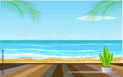 a wooden house by the sea  in front of a wooden table with blurred natural scenes  tropical beaches and blue skies. holiday background concept - can be used for displaying or editing your products.