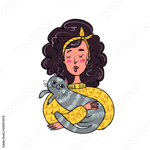vector image of a young woman with curly hair in a yellow sweater with a gray cat in her arms
