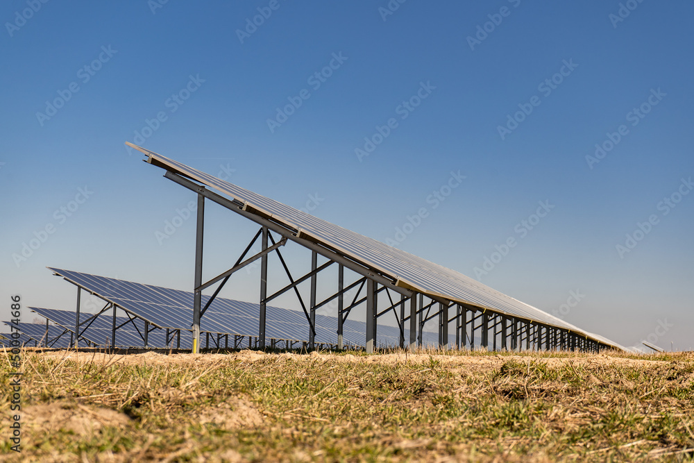 Many solar panels in northern Poland, providing energy to surrounding houses. Solar energy farm made of many panels in rows. Clear sky with no clouds and sunny weather. Many solar panels in northern Poland, providing energy to surrounding houses. Solar energy farm made of many panels in rows. Clear sky with no clouds and sunny weather.