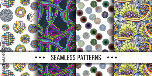 Set of samless ornate, doodle hand-drawn abstract patterns. Ink sketch texture, rough hatching drawing image