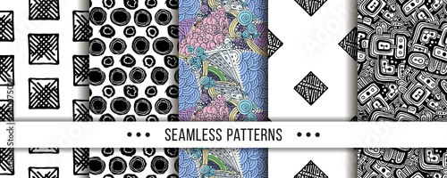 Set of seamless patterns with hand-drawn elements texture, abstraction illustration of black silhouette on white background