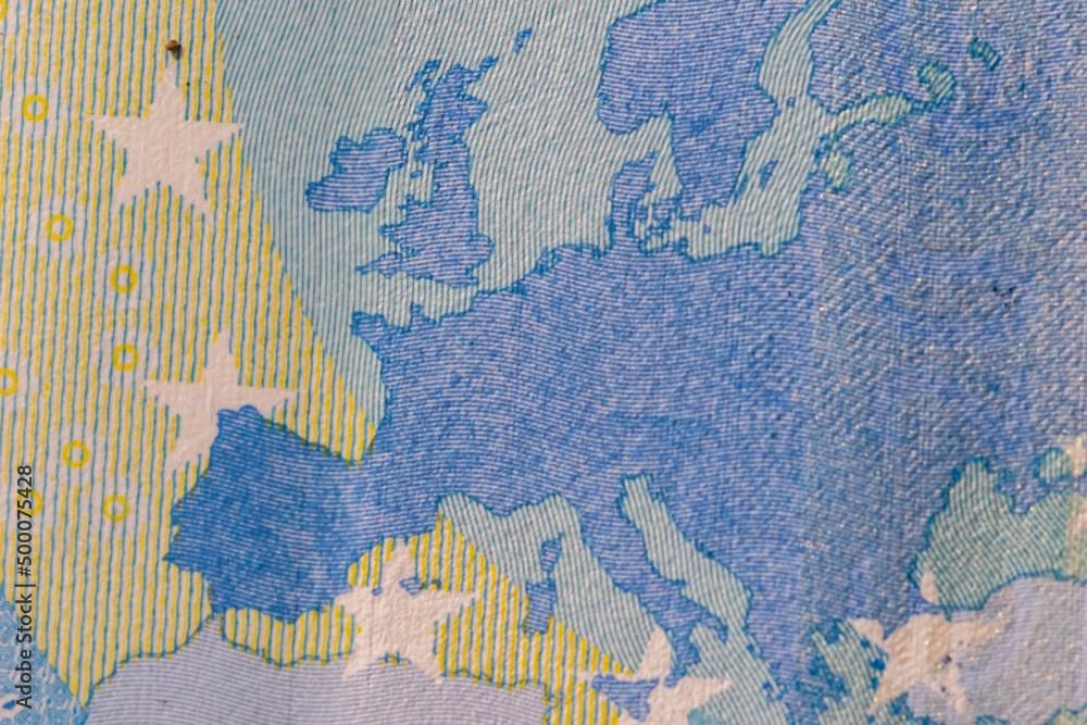 Close-up shot of Europe's map displayed on Euro banknote Close-up shot of Europe's map displayed on Euro banknote