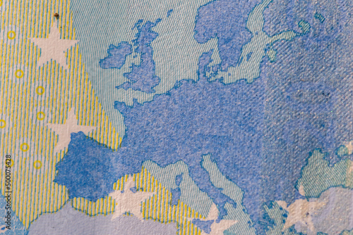 Close-up shot of Europe's map displayed on Euro banknote