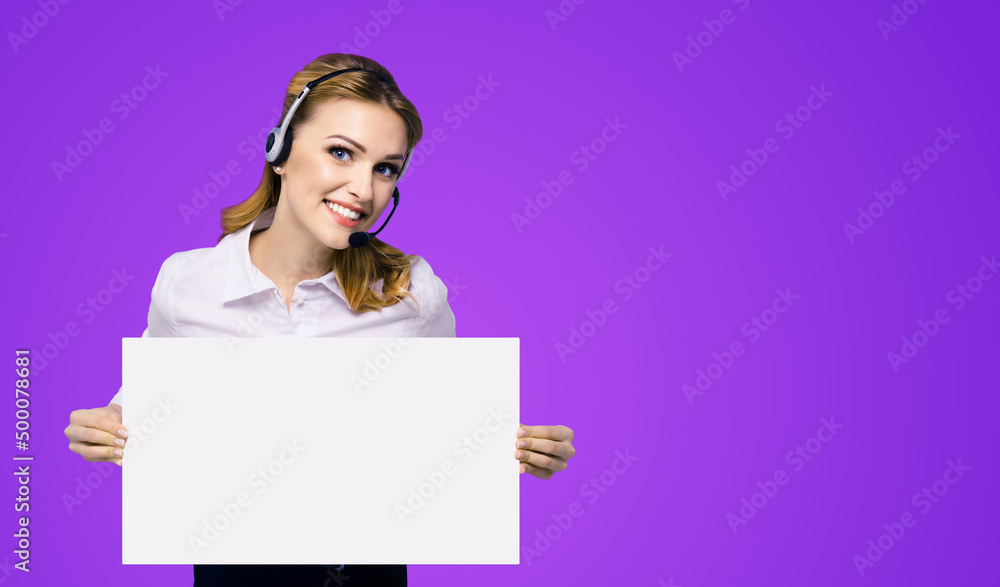 Call Center Service. Customer support or sales agent. Businesswoman, caller phone operator showing mock up signboard with ad copy space. Helping, answering, consulting. Violet purple background. Call Center Service. Customer support or sales agent. Businesswoman, caller phone operator showing mock up signboard with ad copy space. Helping, answering, consulting. Violet purple background.