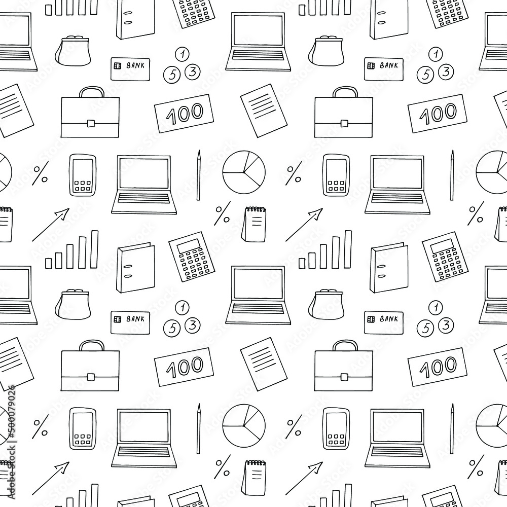 Finance seamless pattern vector illustration, hand drawing doodles