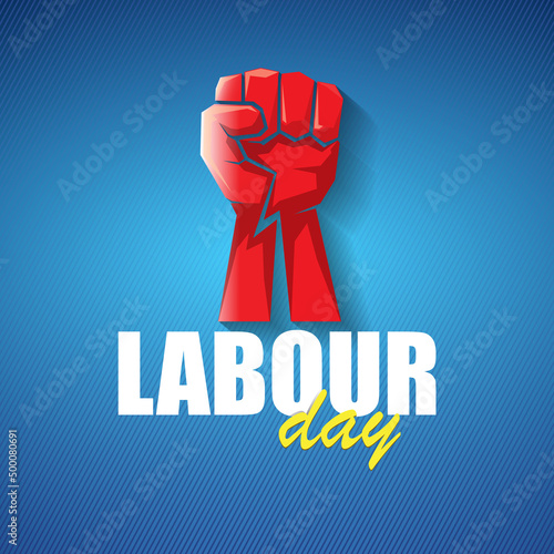 1 may Happy labour day vector label with strong protest fist in the air on blue background. vector happy labor day background or banner with man hand. workers may day poster