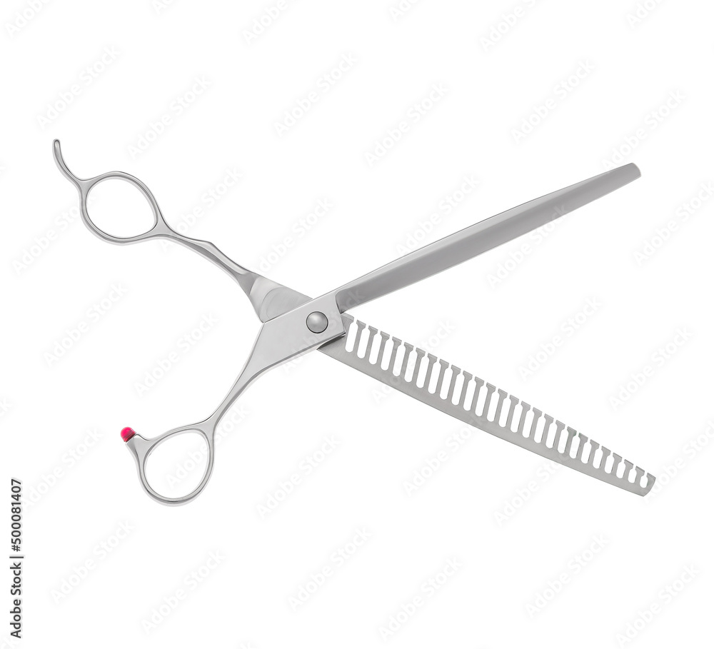 Scissors for cutting people and pets. Grooming scissors. Opened scissors on a white isolated background. Side view. Scissors for cutting people and pets. Grooming scissors. Opened scissors on a white isolated background. Side view.