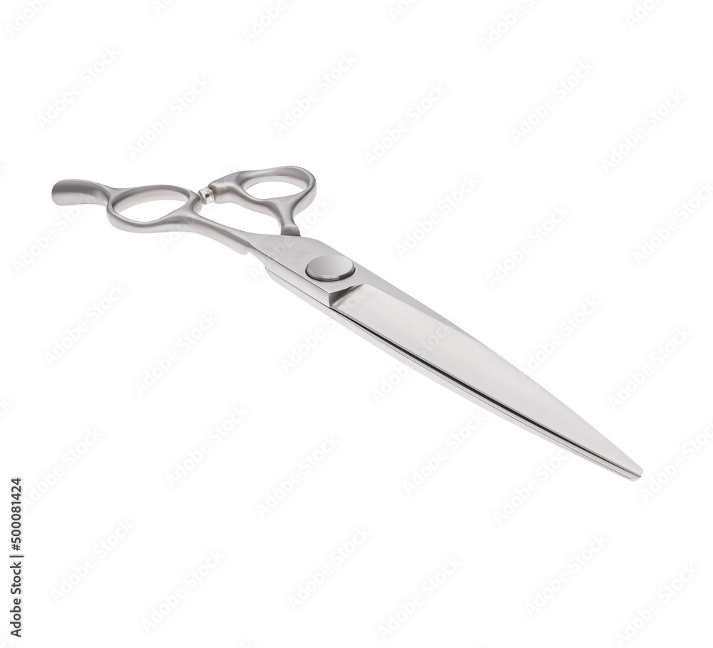 Scissors for cutting people and pets. Grooming scissors. Closed scissors on a white isolated background. Angle view. Scissors for cutting people and pets. Grooming scissors. Closed scissors on a white isolated background. Angle view.