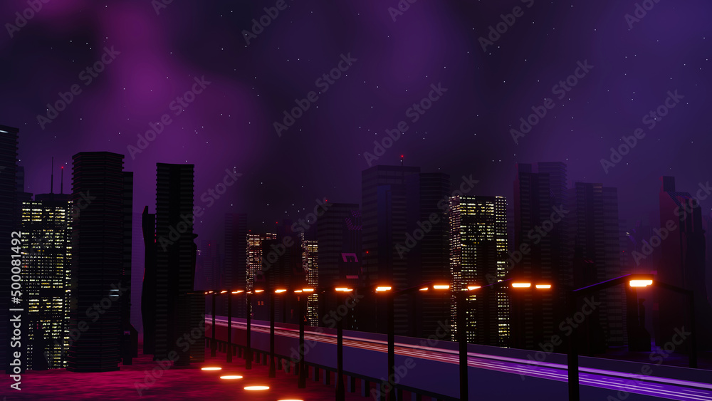 3d render of Cyber punk night city landscape concept. Light glowing on dark scene.  Night life. Technology network for 5g. Beyond generation and futuristic of Sci-Fi Capital city and building scene.
