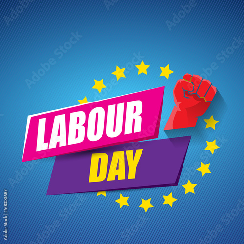 1 may Happy labour day vector label with strong protest fist in the air on blue background. vector happy labor day background or banner with man hand. workers may day poster