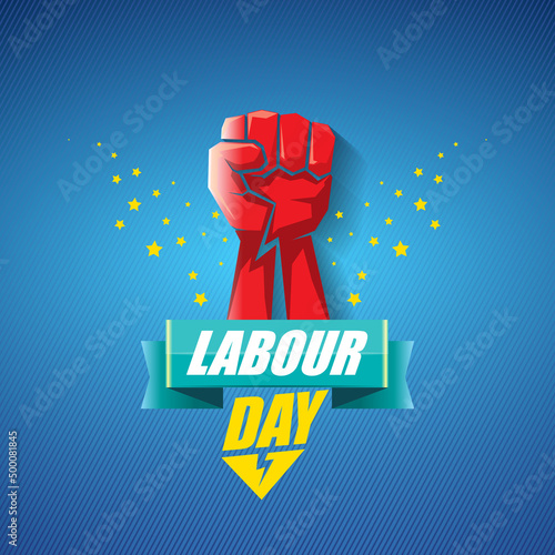 1 may Happy labour day vector label with strong protest fist in the air on blue background. vector happy labor day background or banner with man hand. workers may day poster
