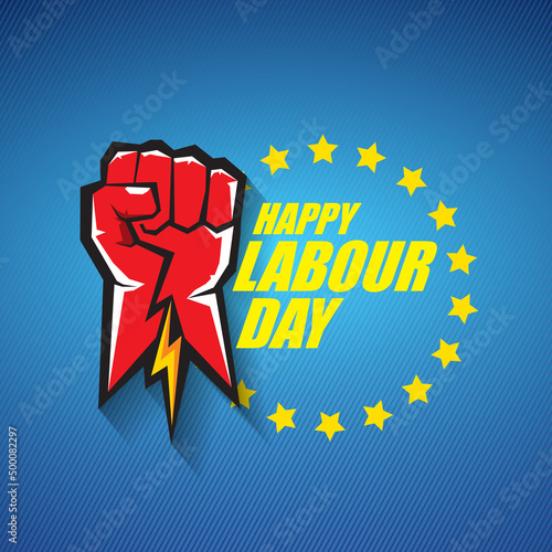 1 may Happy labour day vector label with strong protest fist in the air on blue background. vector happy labor day background or banner with man hand. workers may day poster