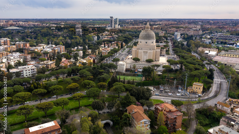 Aerial view of the basilica of Santi Pietro e Paolo a Via Ostiense in Rome, Italy. The church is located in Eur district, in the south of the city.