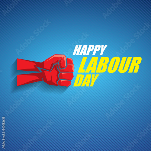 1 may Happy labour day vector label with strong protest fist in the air on blue background. vector happy labor day background or banner with man hand. workers may day poster