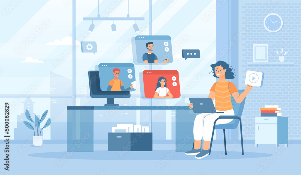Webinar, online meeting, virtual conference on video call. People communicate online. Flat cartoon vector illustration with people characters for banner, website design or landing web page