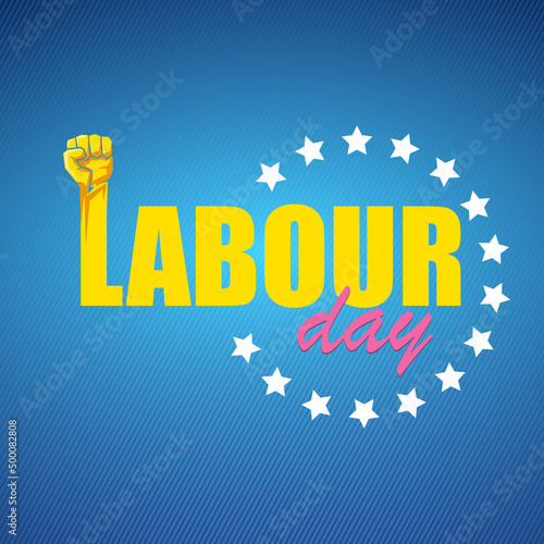 1 may Happy labour day vector label with strong protest fist in the air on blue background. vector happy labor day background or banner with man hand. workers may day poster