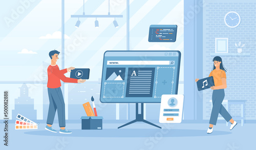 Web designers work on computer interface. Developing web page, organization website, create layout. Flat cartoon vector illustration with people characters for banner, website design or landing page