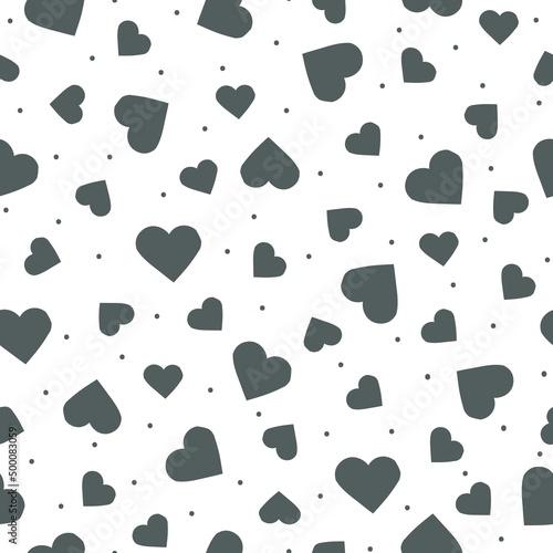 A simple pattern of hearts. gray hearts and dots. White background. Fashionable print for textiles, wallpaper and packaging.