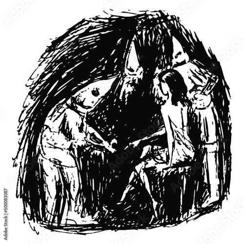 Inquisitors torturing young girl. Witch trial. Hand drawn grungy rough illustration. Black and white silhouette.