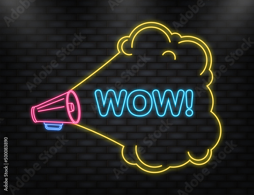Neon Icon. Megaphone blue banner with wow sign. Vector illustration.