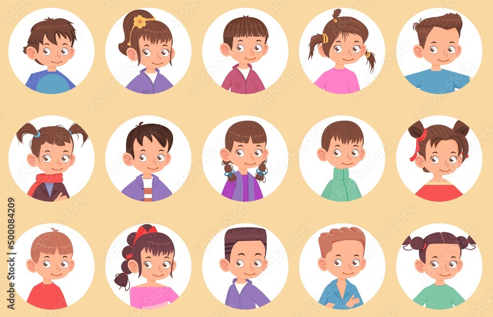 Happy children - boys and girls portraits in round shape, cartoon style Happy children - boys and girls portraits in round shape, cartoon style