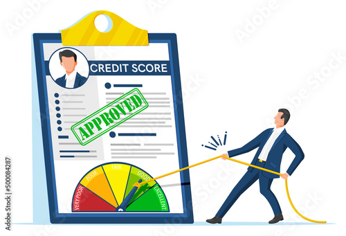 Businessman Changing Personal Credit Information. Man Pushing Arrow to Make Credit History Better. Man Improves his Creditworthiness, Credit Score, Approval Solvency. Flat Vector Illustration