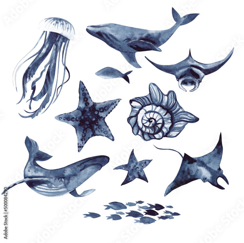 Watercolor illustration of indigo color with a starfish  a whale  a stingray  a shell  a jellyfish and a flock of fish.