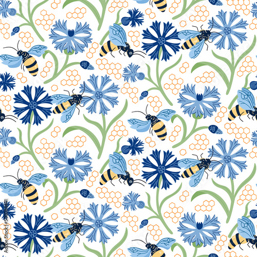 Cute bumblebee on meadow vector seamless pattern. Summer background with bee and cornflower for printing, fabric, wrapping paper, fashion, interior, wallpaper.