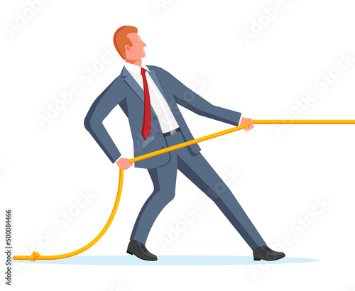 Businessman Pull of Rope. Man Tug of War. Business Target, Rivalry, Competition, Conflict. Struggle and Challenge. Achievement, Goal Success. Flat Vector Illustration