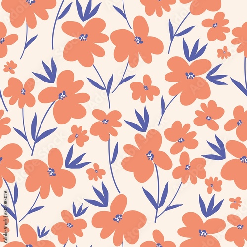 Seamless vintage pattern. Orange flowers  blue leaves. Light background. vector texture. fashionable print for textiles  wallpaper and packaging.