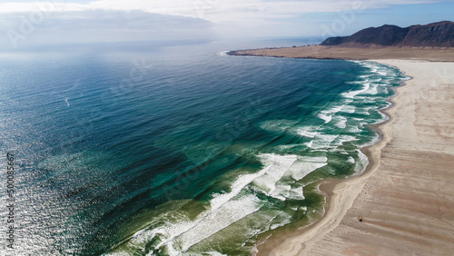 Chanaral, Atacama. The Pacific, after crossing the Atacama Desert in Chile. Chilean Beach, aerial view.