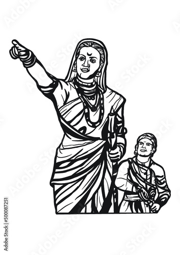 Line art vector sketch of Jija Mata and young shivaji maharaj photo