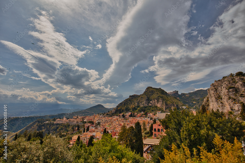 Obraz premium Panorama of the touristic city of Taormina, located in eastern Sicily.