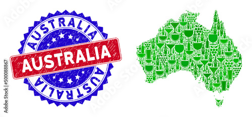 Vector combination of wine Australia map with grunge bicolor Australia seal. Red and blue bicolored imprint with grunge texture and Australia caption. Australia map collage designed with wine cups,