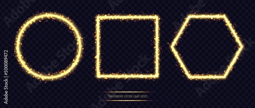 Glowing magic light frames, set of shiny golden round, square and hexagonal frames isolated on a black background. Set of luxurious sparkling elements in various shapes.