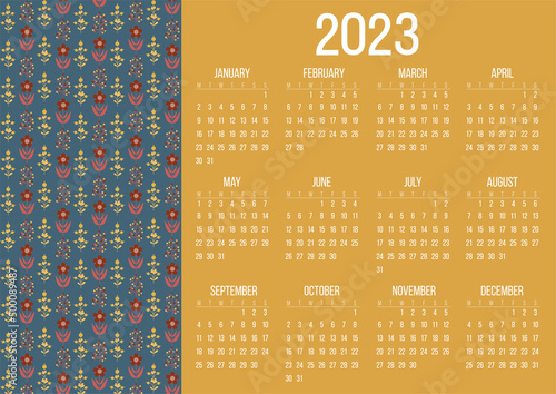 Calendar 2023. Vector, Scandinavian folk style. Flowers. Flat style.