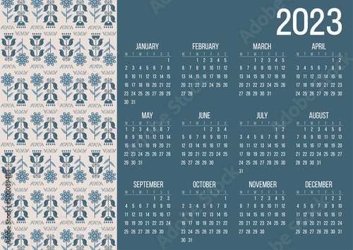 Calendar 2023. Vector, Scandinavian folk style. Flowers. Flat style.