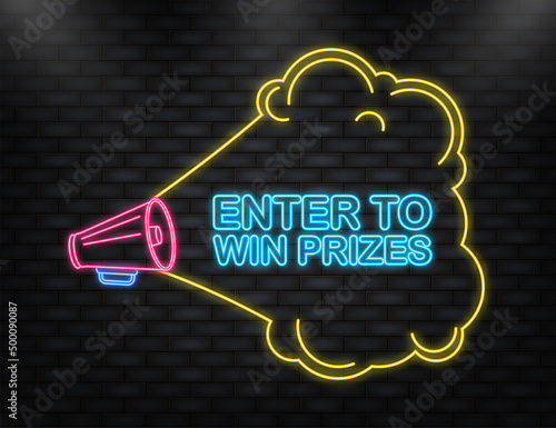 Neon Icon. Megaphone blue banner with enter to win prizes sign. Vector illustration.