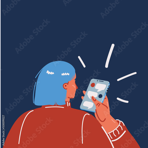 Cartoon vector illustration of woman holding and using smart phone screen. Rear view