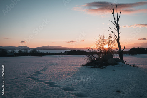 Bild auf Leinwand Beautiful view over Lake Storsjön in swedish Jämtland (Lapland) with mountains in the background (Oviksfjällen)