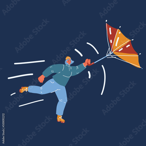 Cartoon vector illustration of Girl with broken umbrella in her hands, walk in the street in wind and rain weather