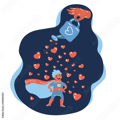 Cartoon vector illustration of self-confident little boy dressed in superhero suit. All around are love him