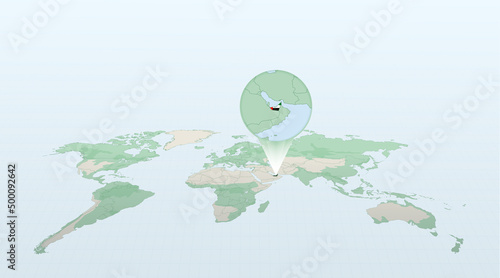 World map in perspective showing the location of the country United Arab Emirates with detailed map with flag of United Arab Emirates.