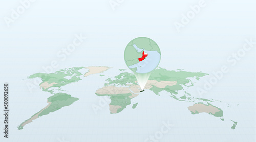 World map in perspective showing the location of the country Oman with detailed map with flag of Oman.