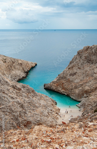 Bay with Seitan Limania beach among rocks with azure water, Crete, Greece.